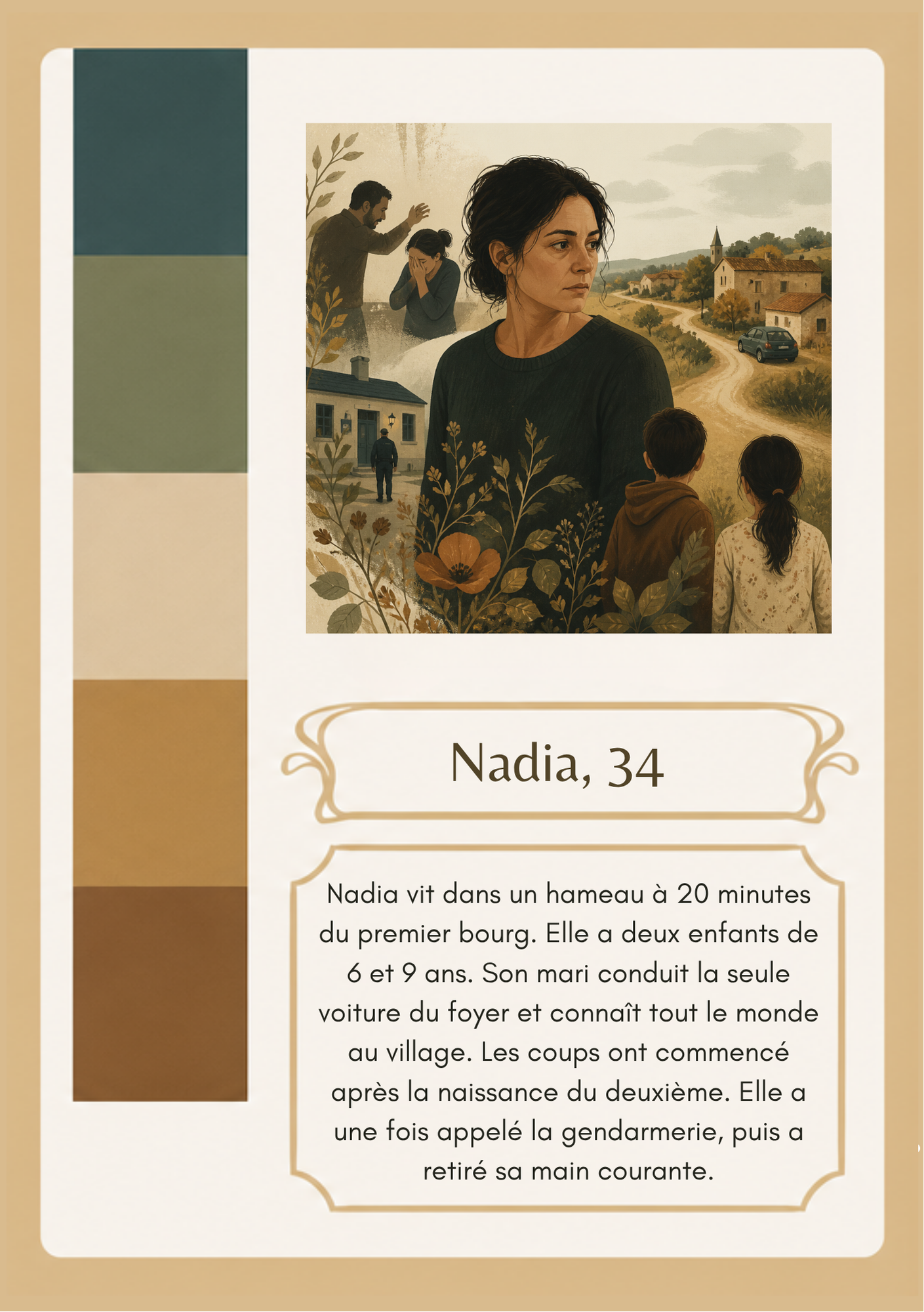 2 Nadia, 34 ans — carte personnage du jeu L'Échappée, représentant une situation de violence intrafamiliale vécue par une femme adulte