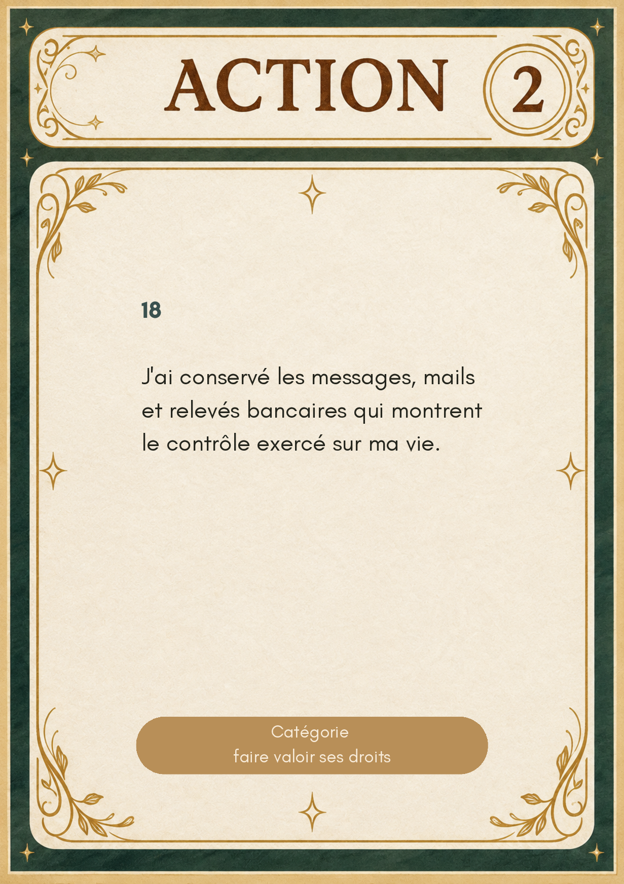 carte action 1 Carte Action valeur 2 du jeu L'Échappée — action concrète à faible coût pour aider un personnage victime de violences intrafamiliales à progresser vers la sortie
