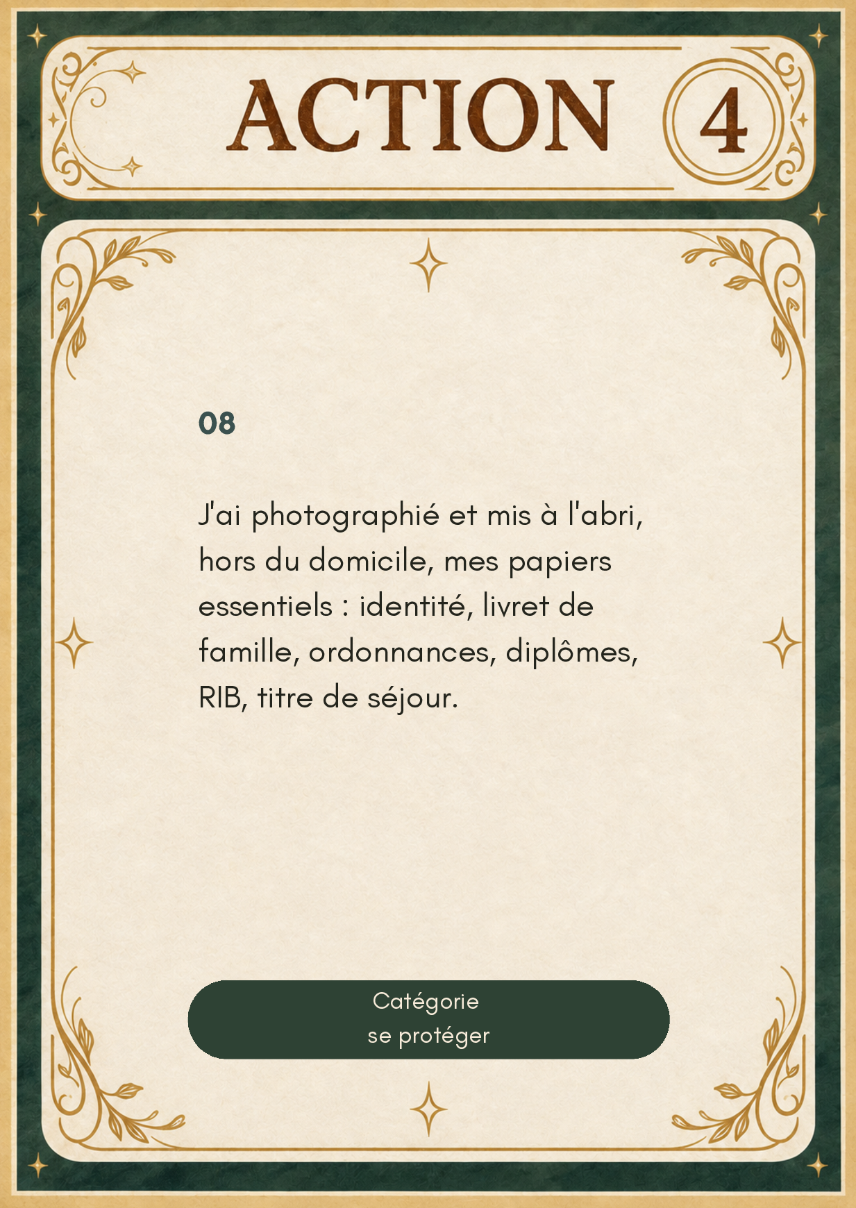carte action 4 Carte Action valeur 4 du jeu L'Échappée — action concrète à faible coût pour aider un personnage victime de violences intrafamiliales à progresser vers la sortie