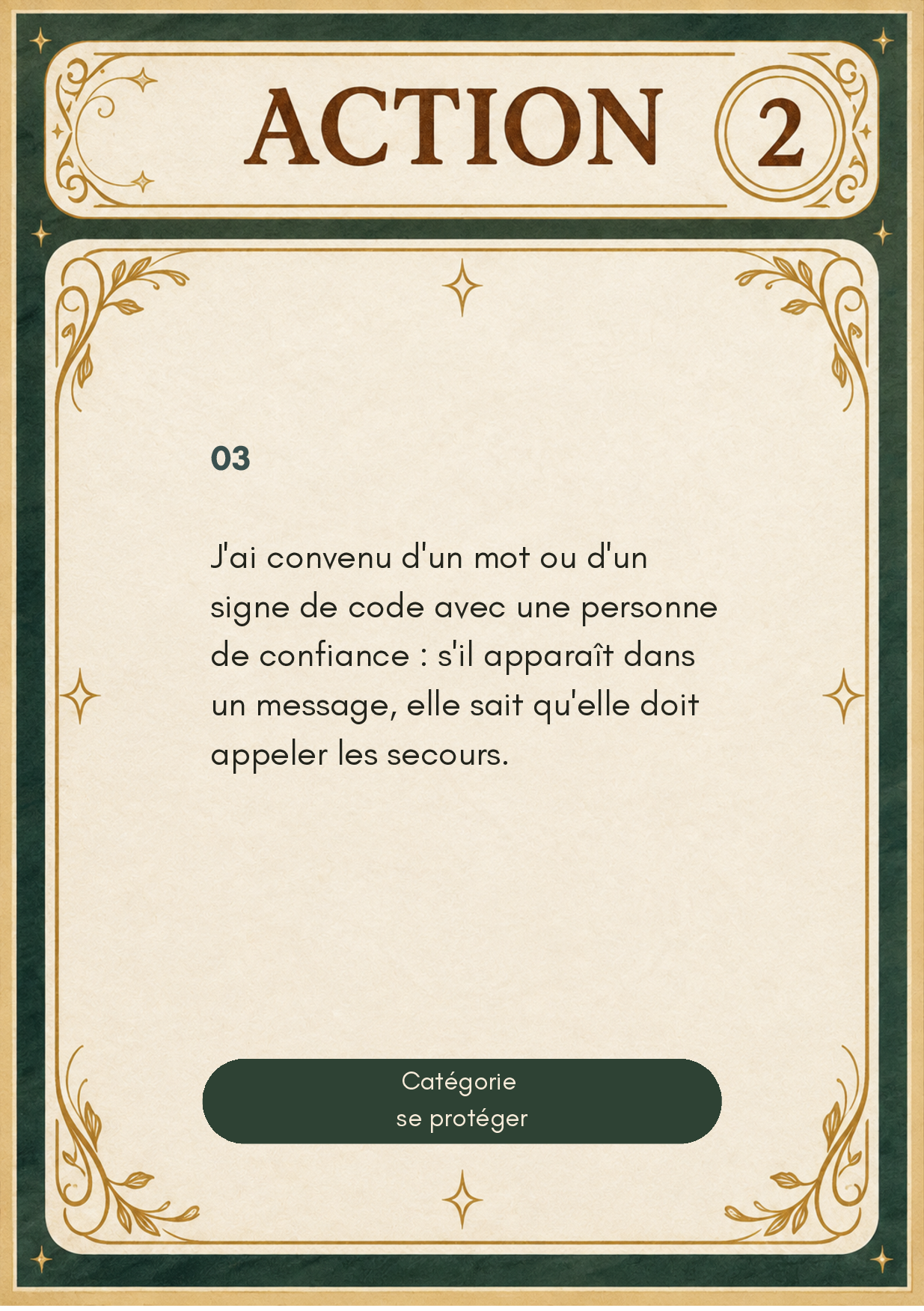 carte action Carte Action valeur 2 du jeu L'Échappée — action concrète à faible coût pour aider un personnage victime de violences intrafamiliales à progresser vers la sortie